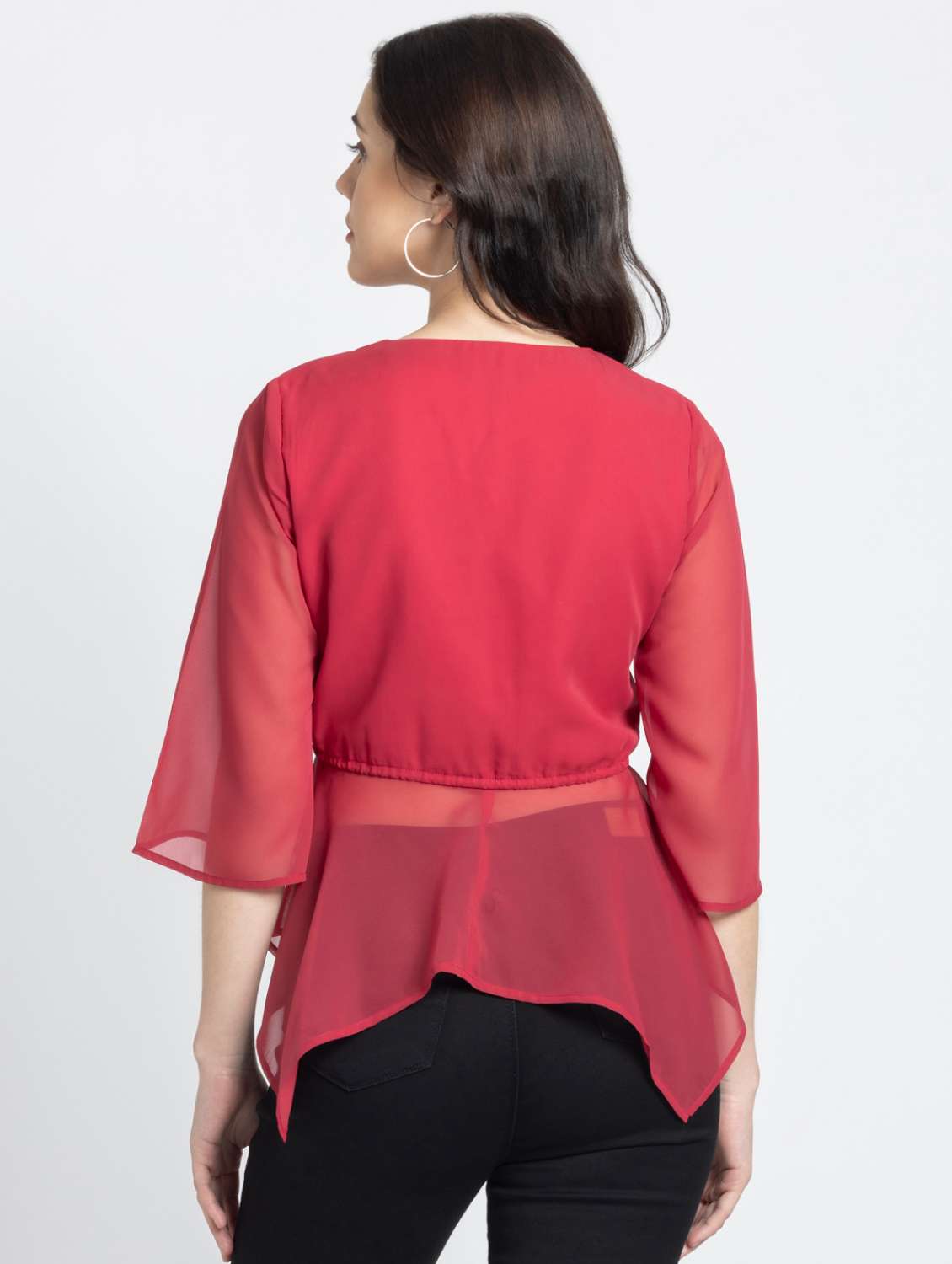 women red solid asymmetric v neck top - 21572974 - Standard Image - 3