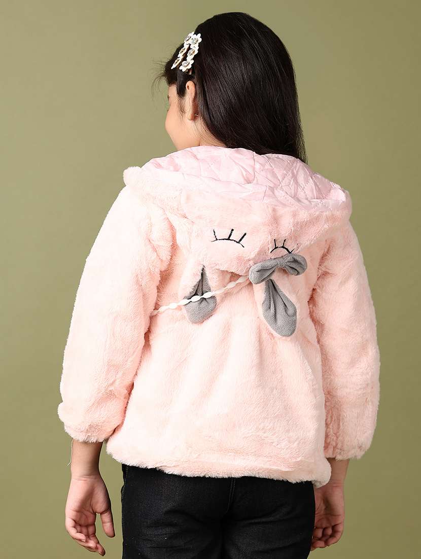 girls solid hooded long sleeve fur acket - 21573082 -  Standard Image - 3