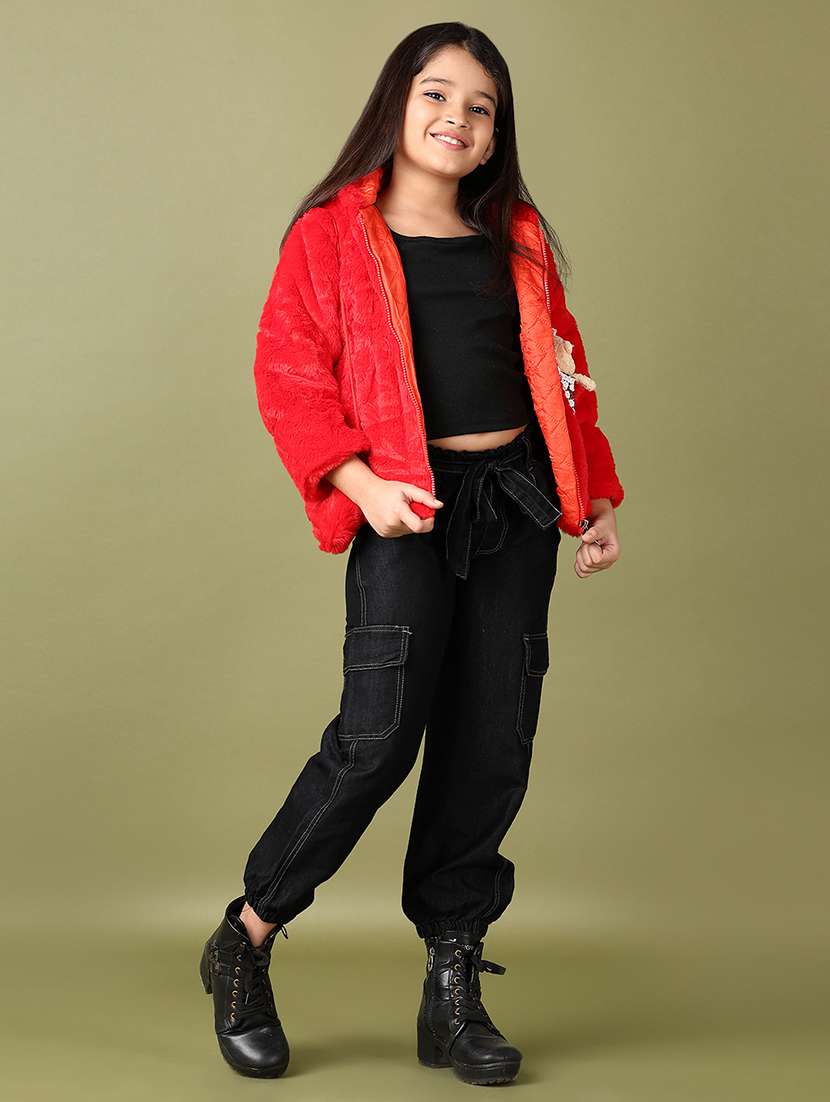 girls solid long sleeve hooded fur jacket - 21573084 -  Standard Image - 5
