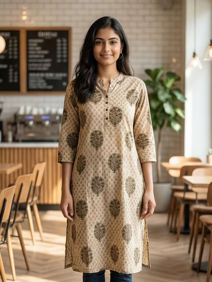 women printed three quarter sleeve straight kurta