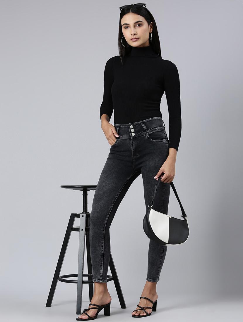 women black denim plain jeans - 21573676 - Standard Image - 3