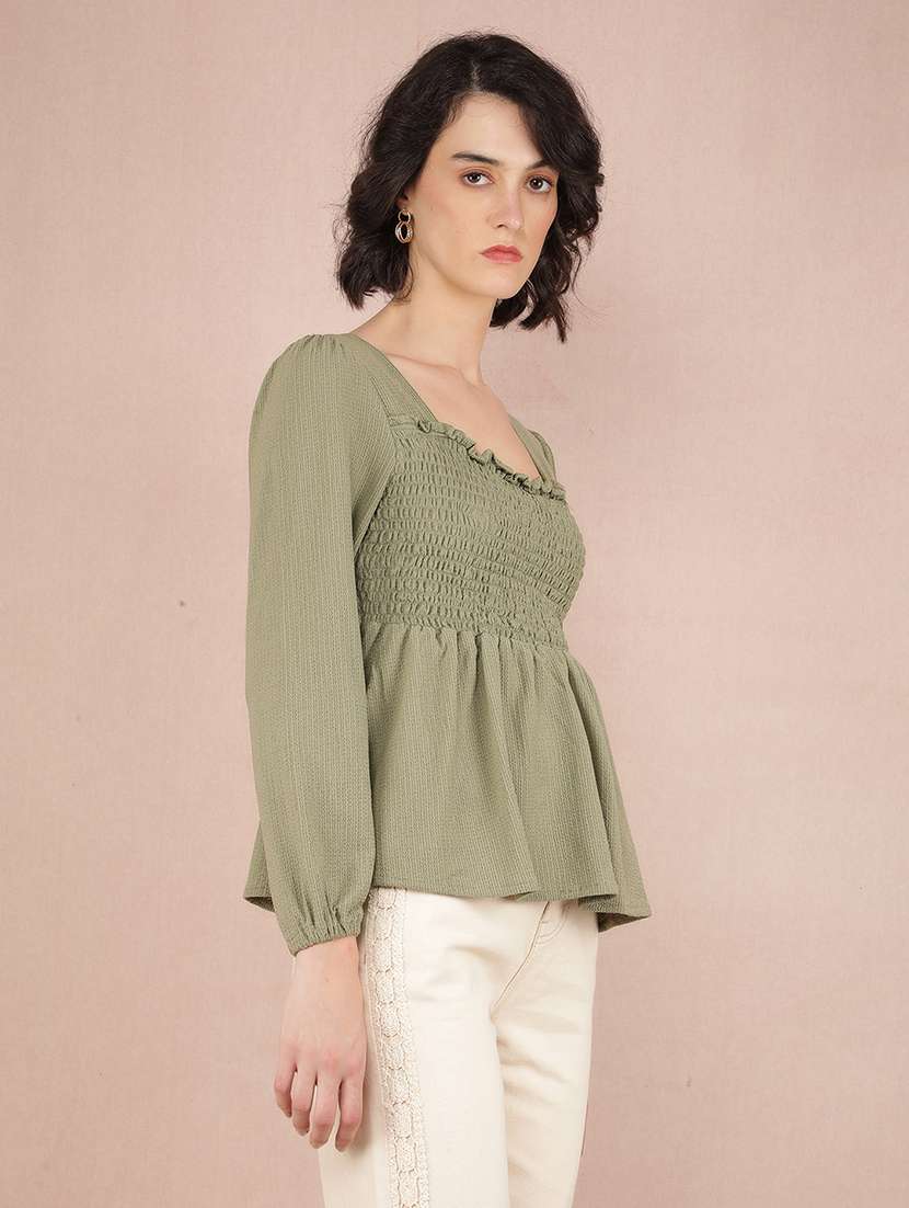 women solid smocked puff sleeve peplum top - 21573784 -  Zoom Image - 0