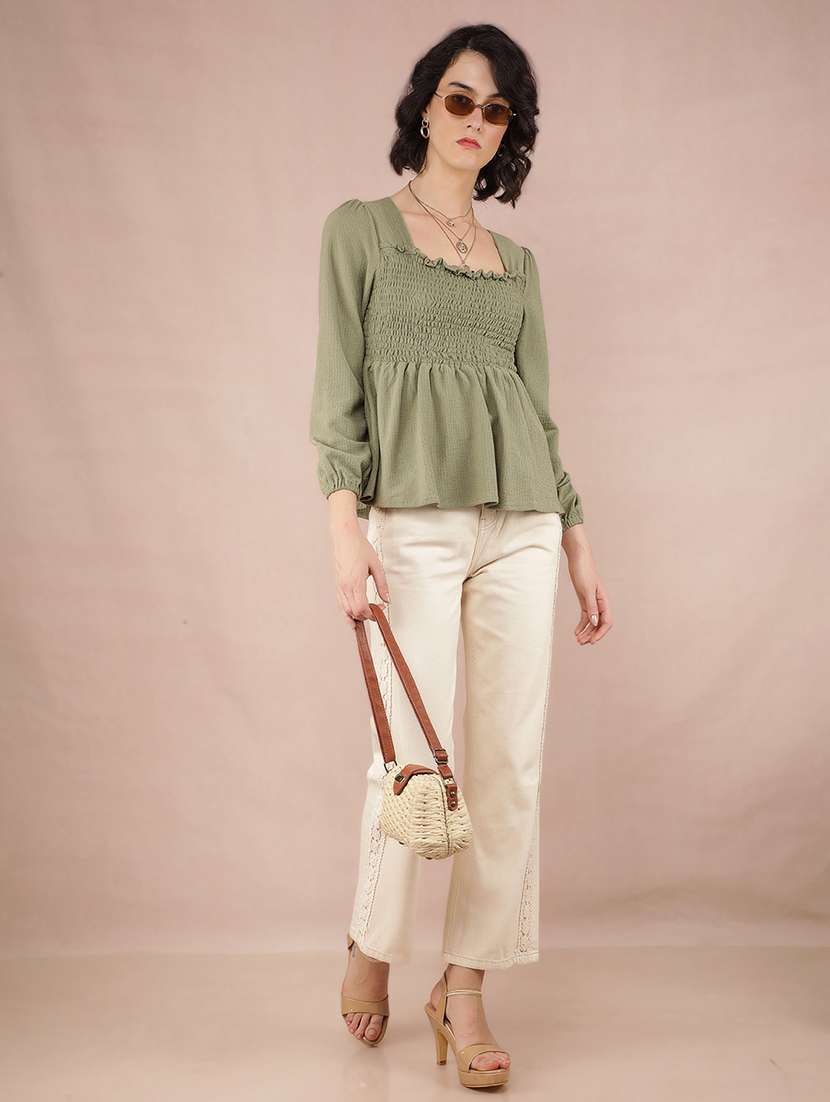 women solid smocked puff sleeve peplum top - 21573784 - Standard Image - 3