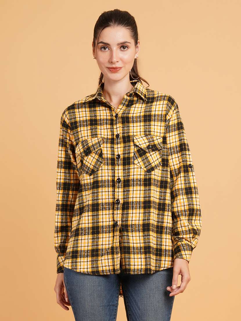 women yellow checks long sleeves oversized shirt - 21574107 - Zoom Image - 0