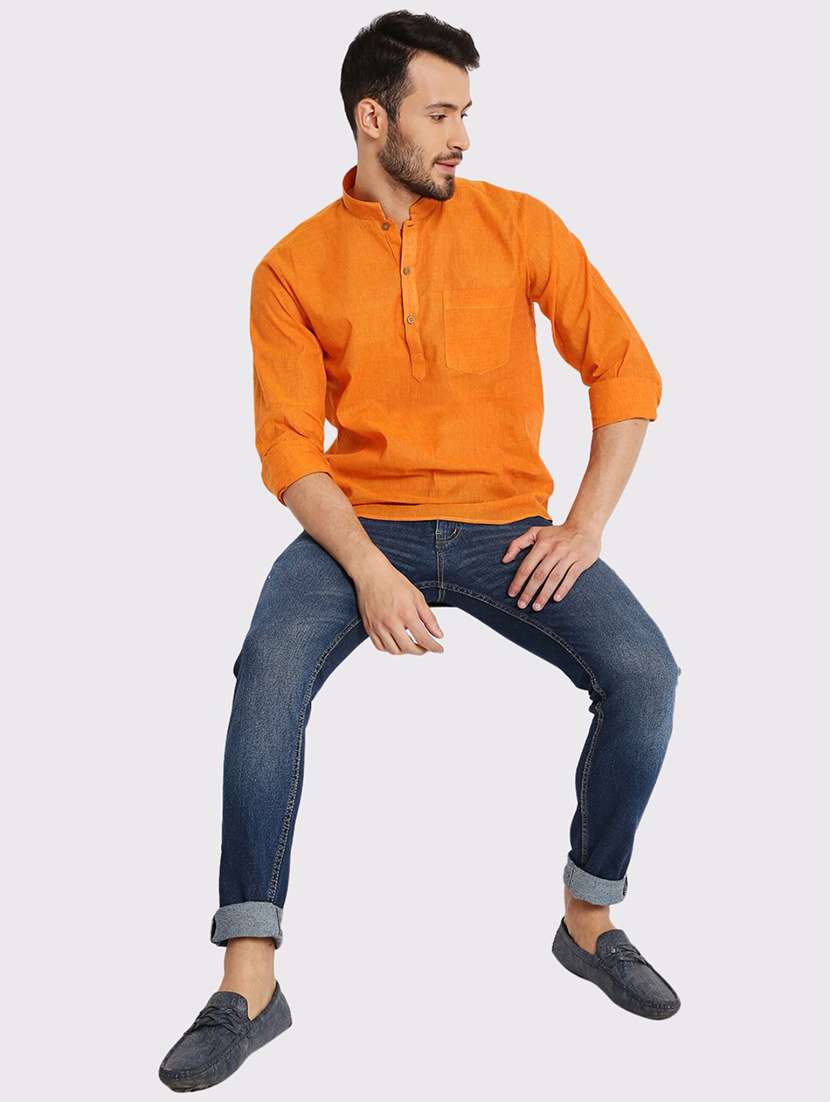 men solid long sleeves regular fit short kurta - 21575023 -  Standard Image - 3