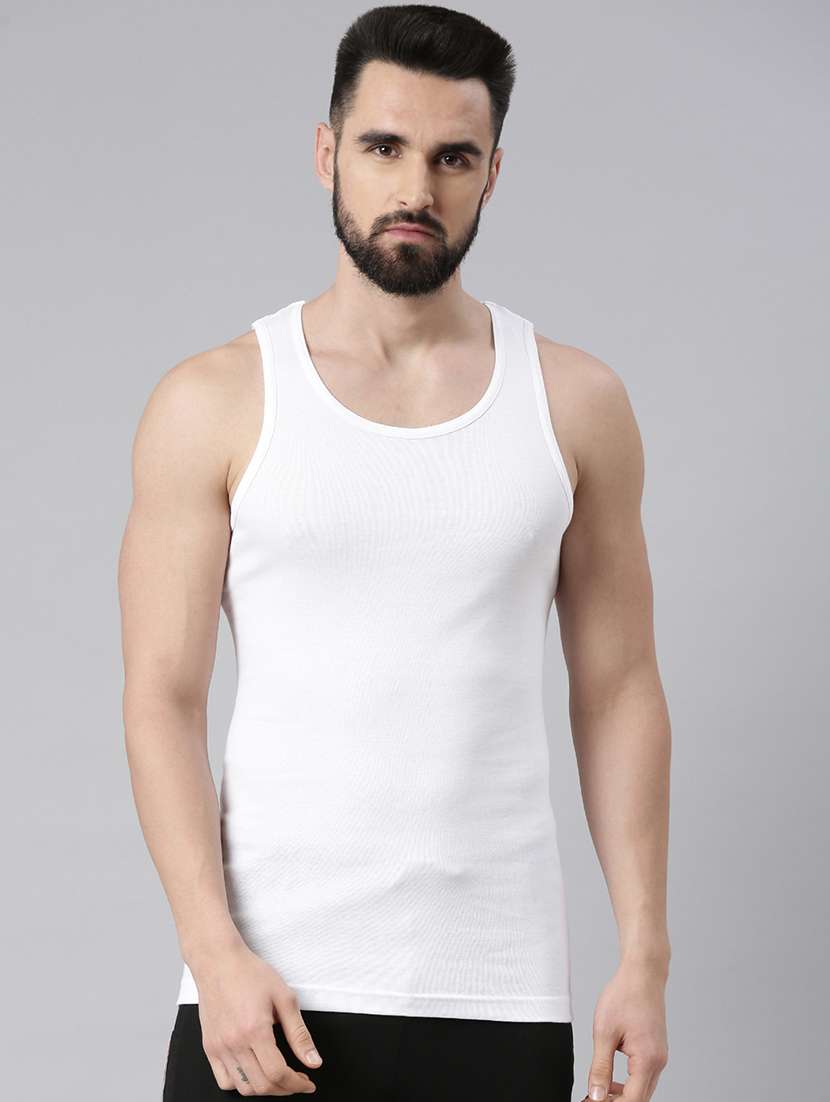 men solid white cotton vest