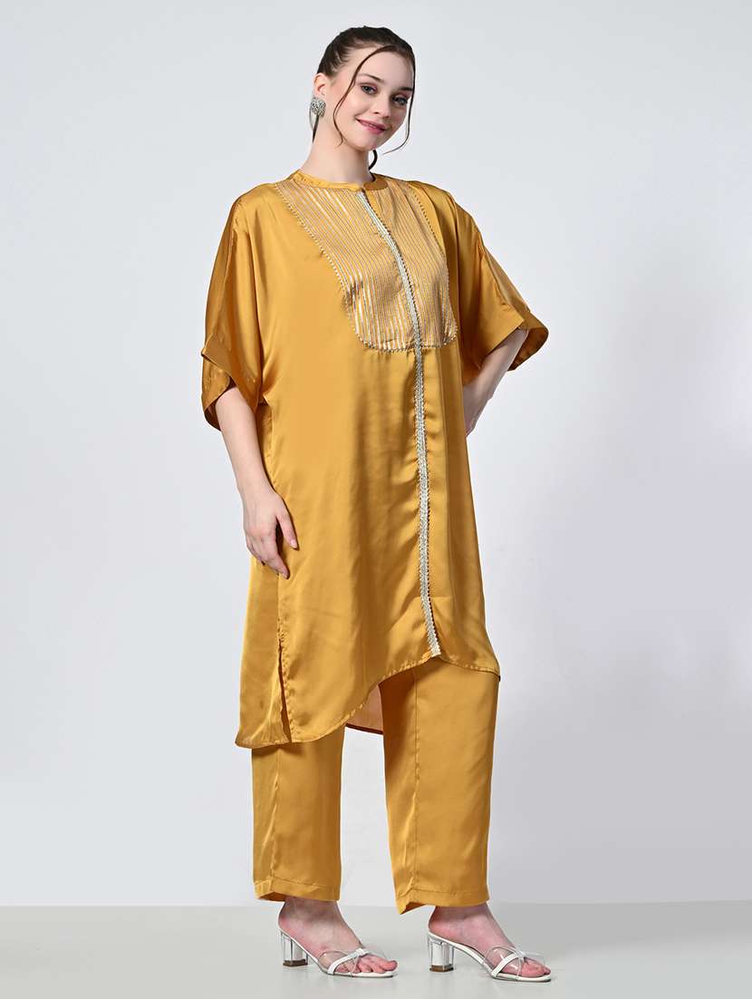 women mustard solid kurta palazzo set - 21575486 - Standard Image - 3
