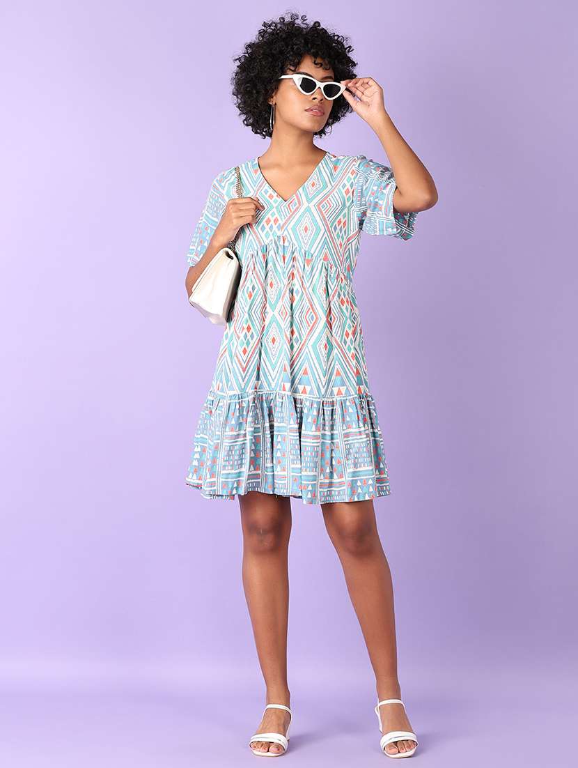 women light blue printed v neck tiered dress