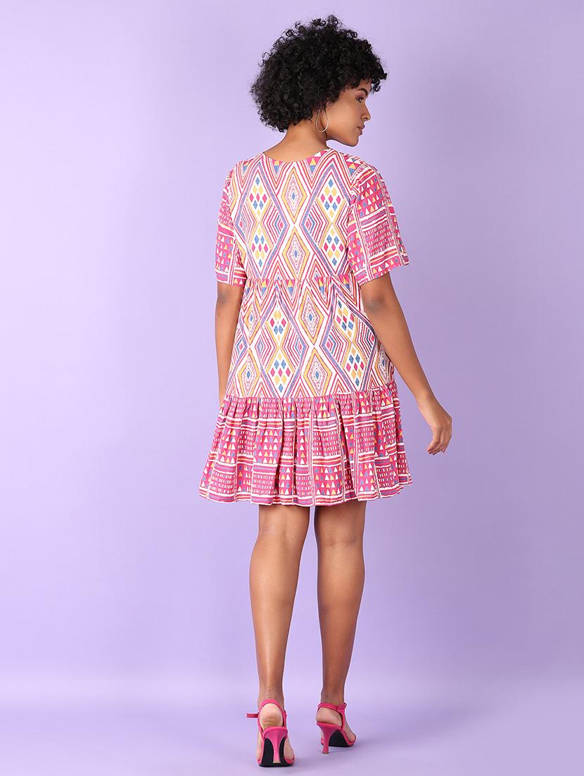 women pink printed v neck tiered dress - 21575583 - Standard Image - 3