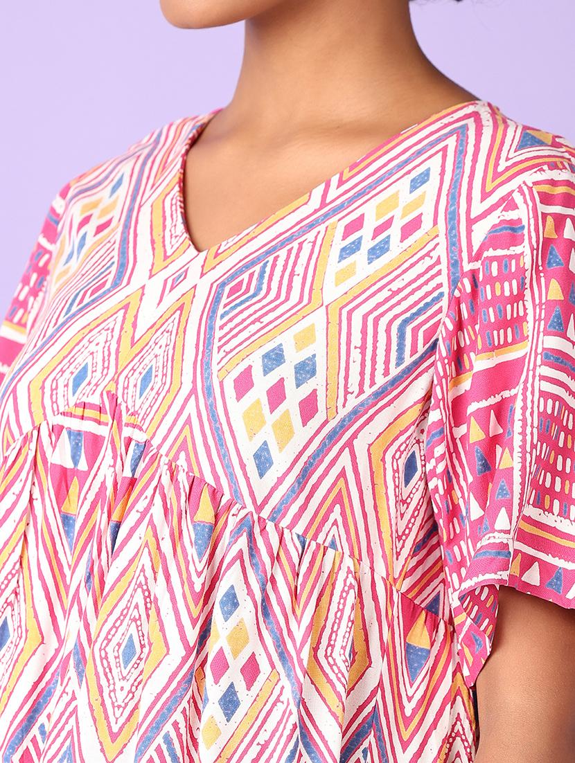 women pink printed v neck tiered dress - 21575583 - Standard Image - 5