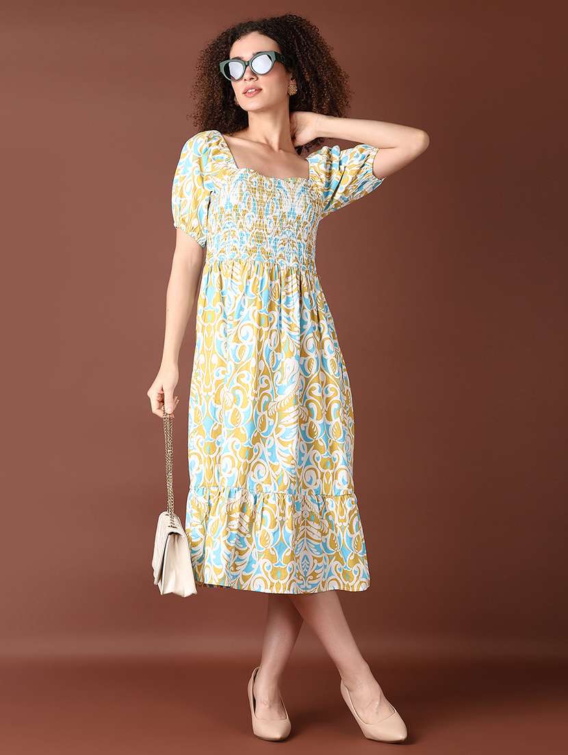 women blue printed short sleeve fit & flare dress