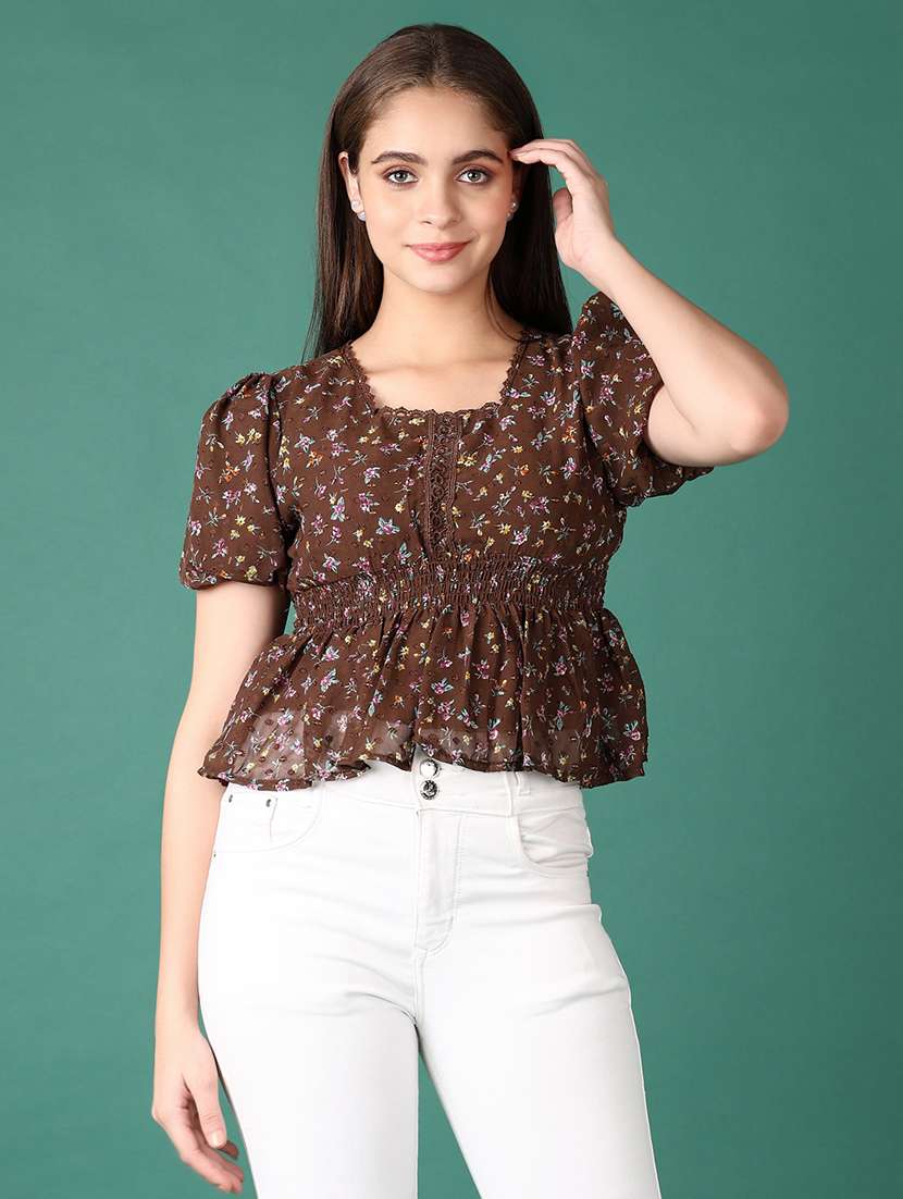 women brown floral printed puff sleeve top