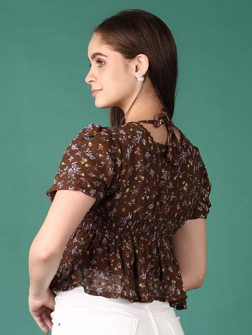 women brown floral printed puff sleeve top - 21575597 -  Standard Image - 3