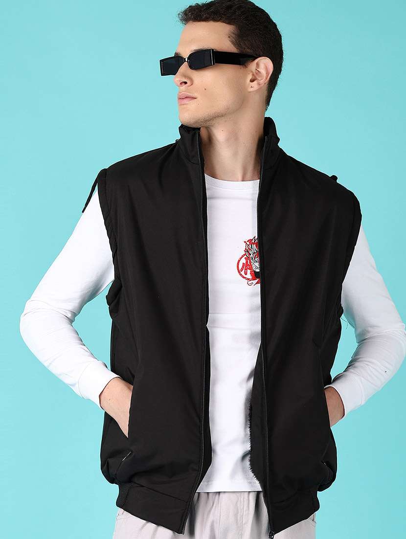 men solid sleeveless bomber jacket