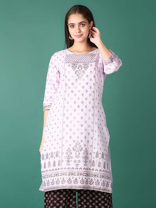 women geometric three quarter sleeve straight kurta - 21575612 -  Standard Image - 0