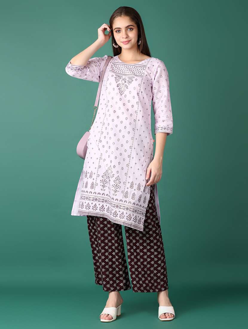 women geometric three quarter sleeve straight kurta - 21575612 -  Standard Image - 3