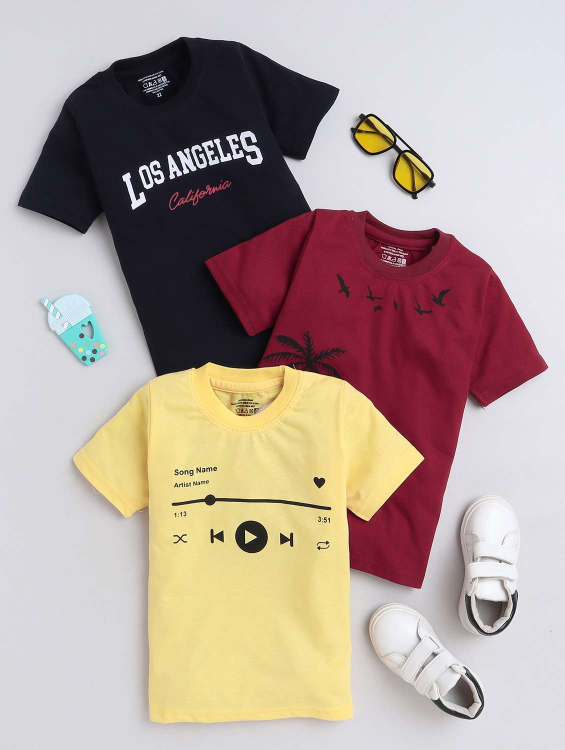 boys pack of 3 round neck printed t-shirt