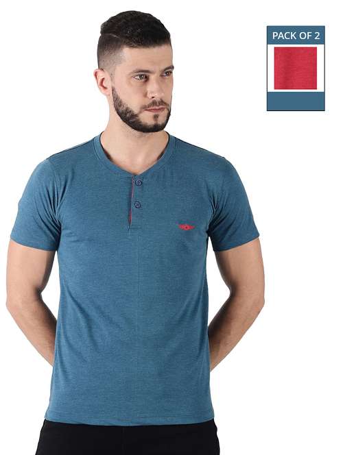 men pack of 2 solid henley neck short sleeves t-shirt - 21576171 - Standard Image - 0