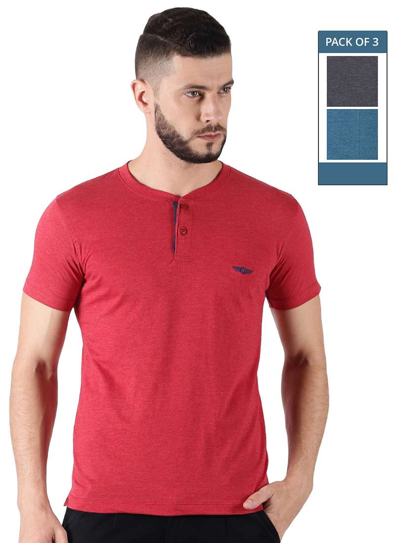 men pack of 3 solid henley neck short sleeves t-shirt - 21576172 -  Zoom Image - 0