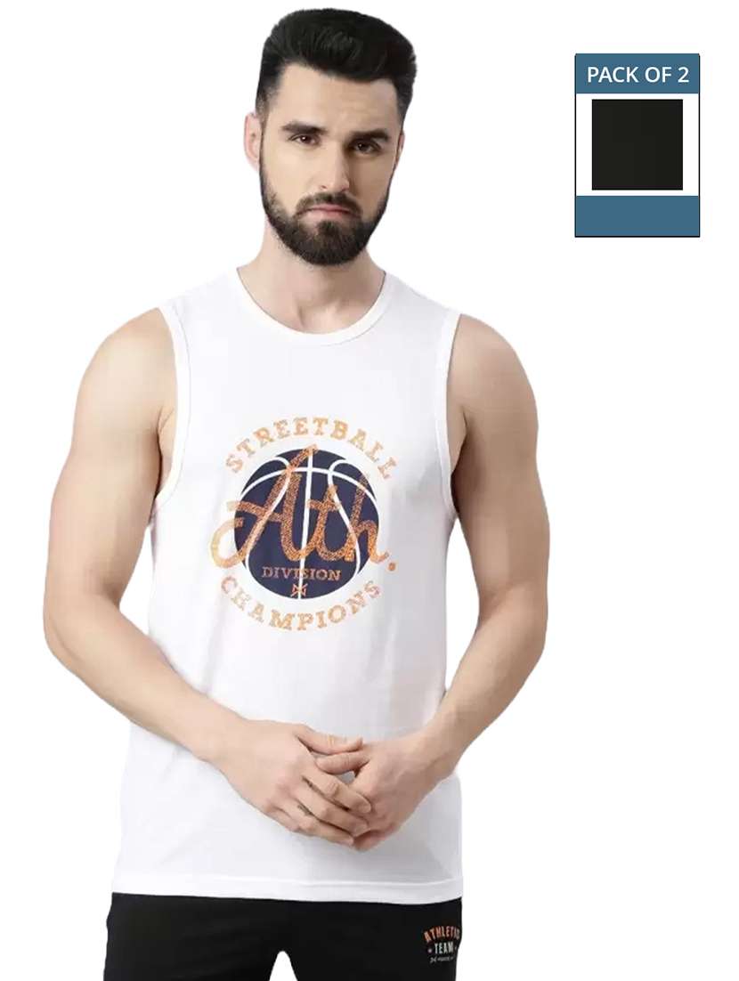 men pack of 2 printed round neck vests