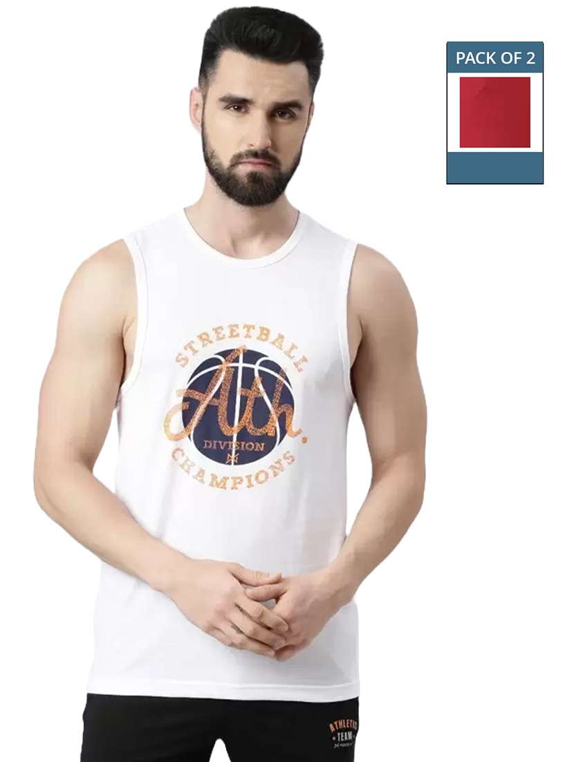 men pack of 2 printed round neck vests
