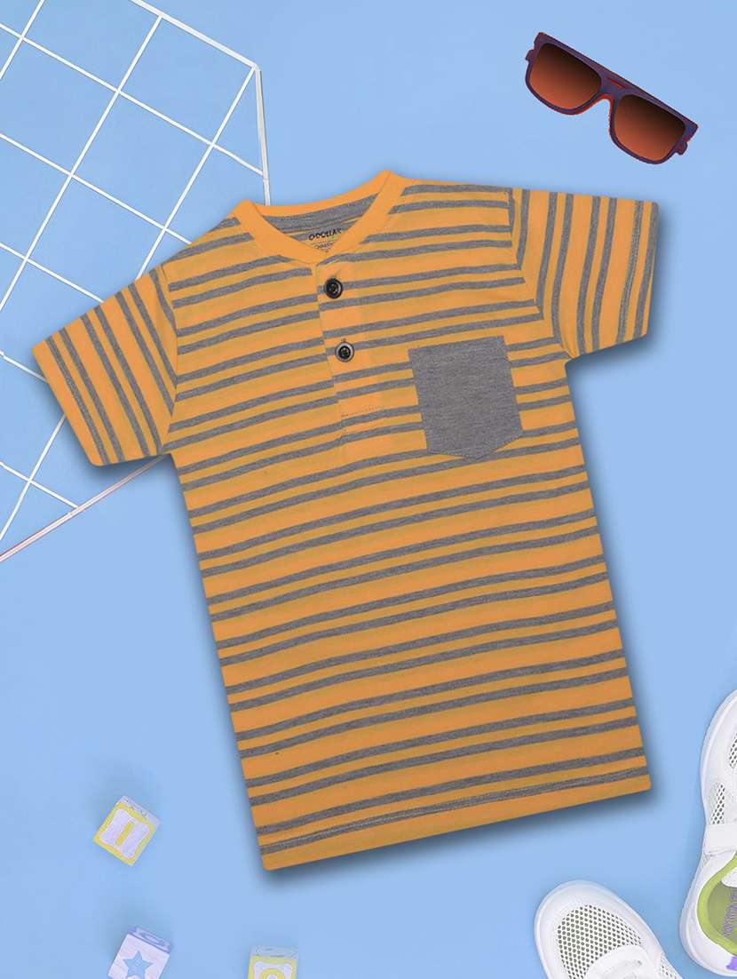 boys striped henley neck t-shirt with single pocket