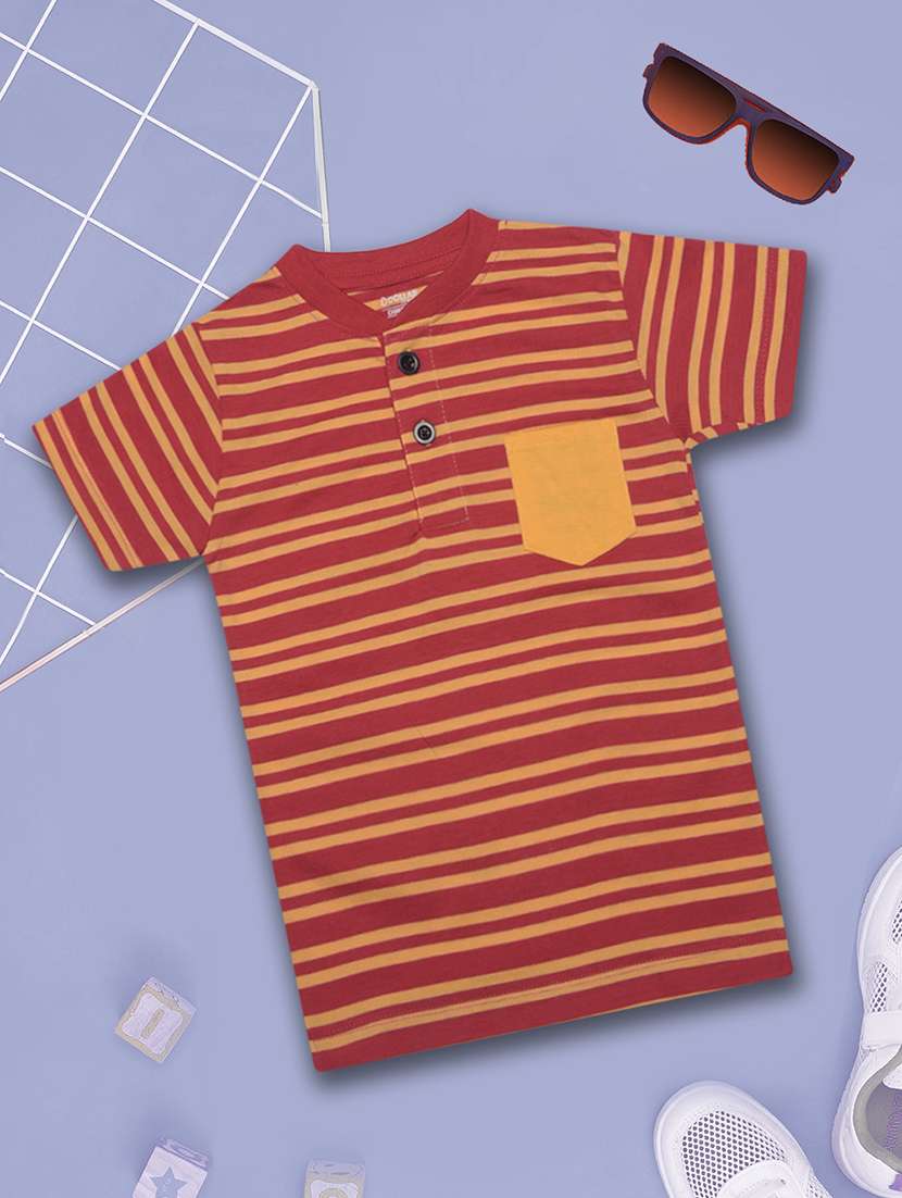 boys striped henley neck t-shirt with single pocket