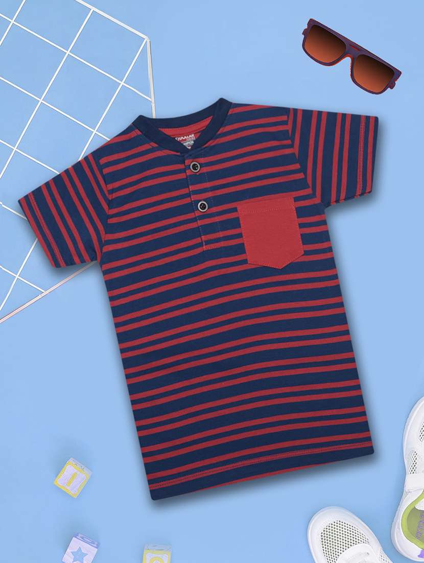 boys striped henley neck t-shirt with single pocket