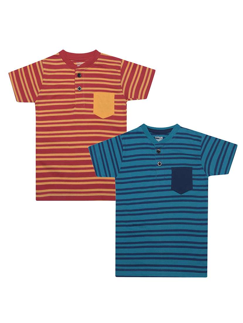 boys pack of 2 striped henley neck t-shirt with single pocket