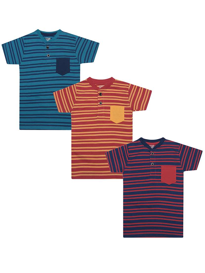 boys pack of 3 striped henley neck t-shirt with single pocket