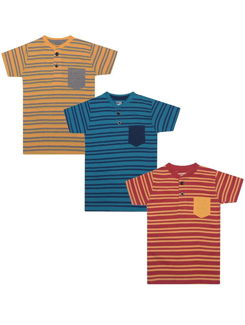 boys pack of 3 striped henley neck t-shirt with single pocket