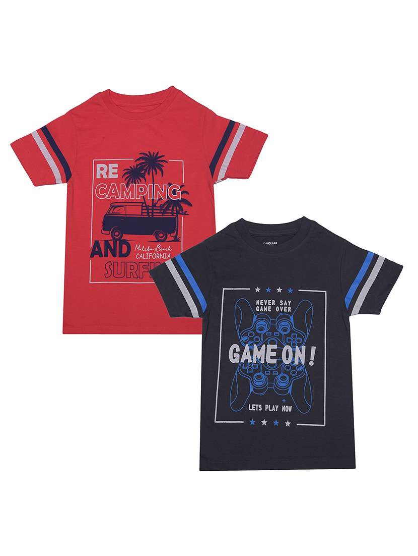 boys pack of 2 round neck printed t-shirt