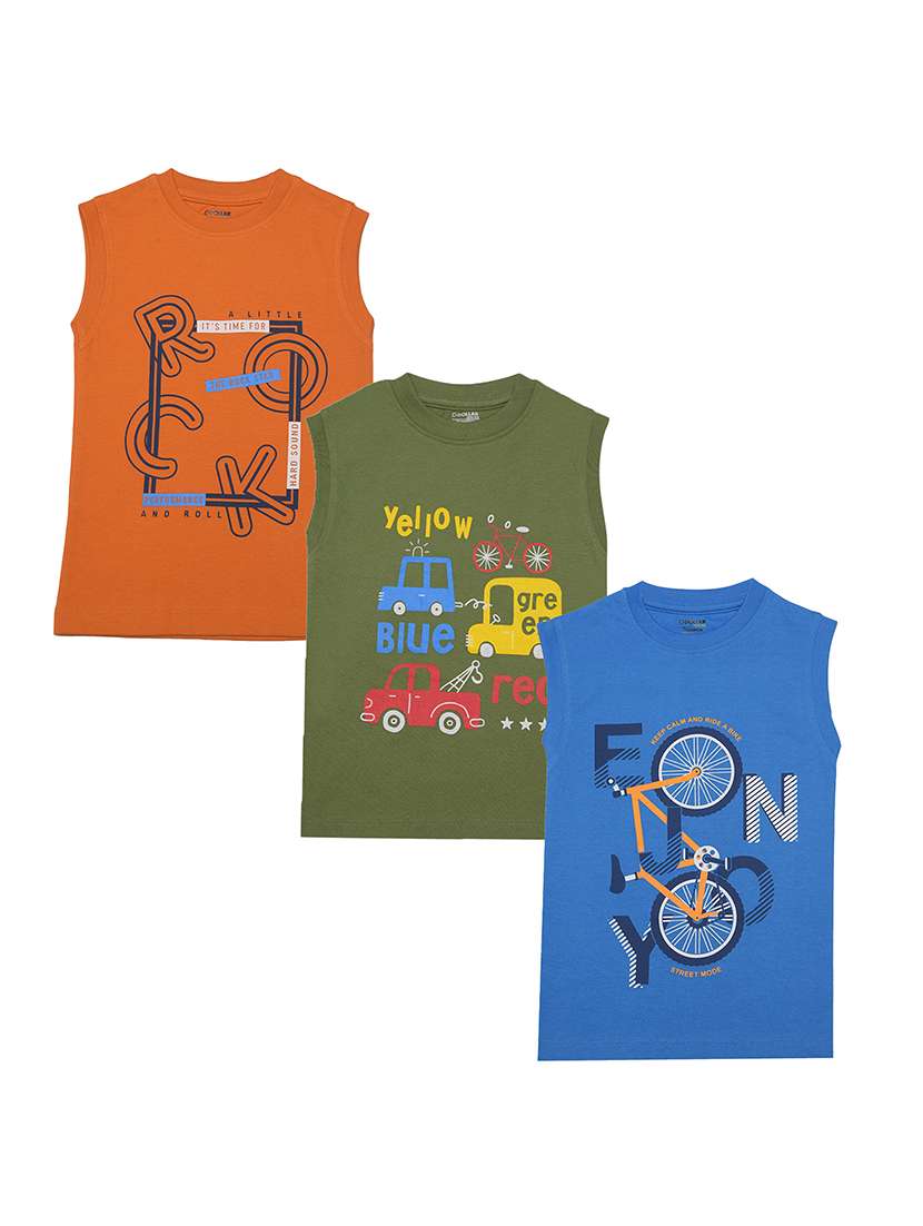 boys pack of 3 round neck printed sleeveless t-shirt