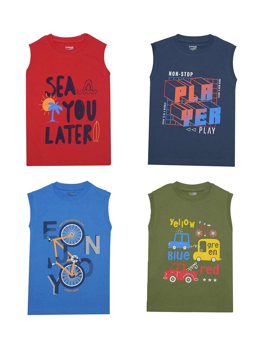 boys pack of 4 round neck printed sleeveless t-shirt