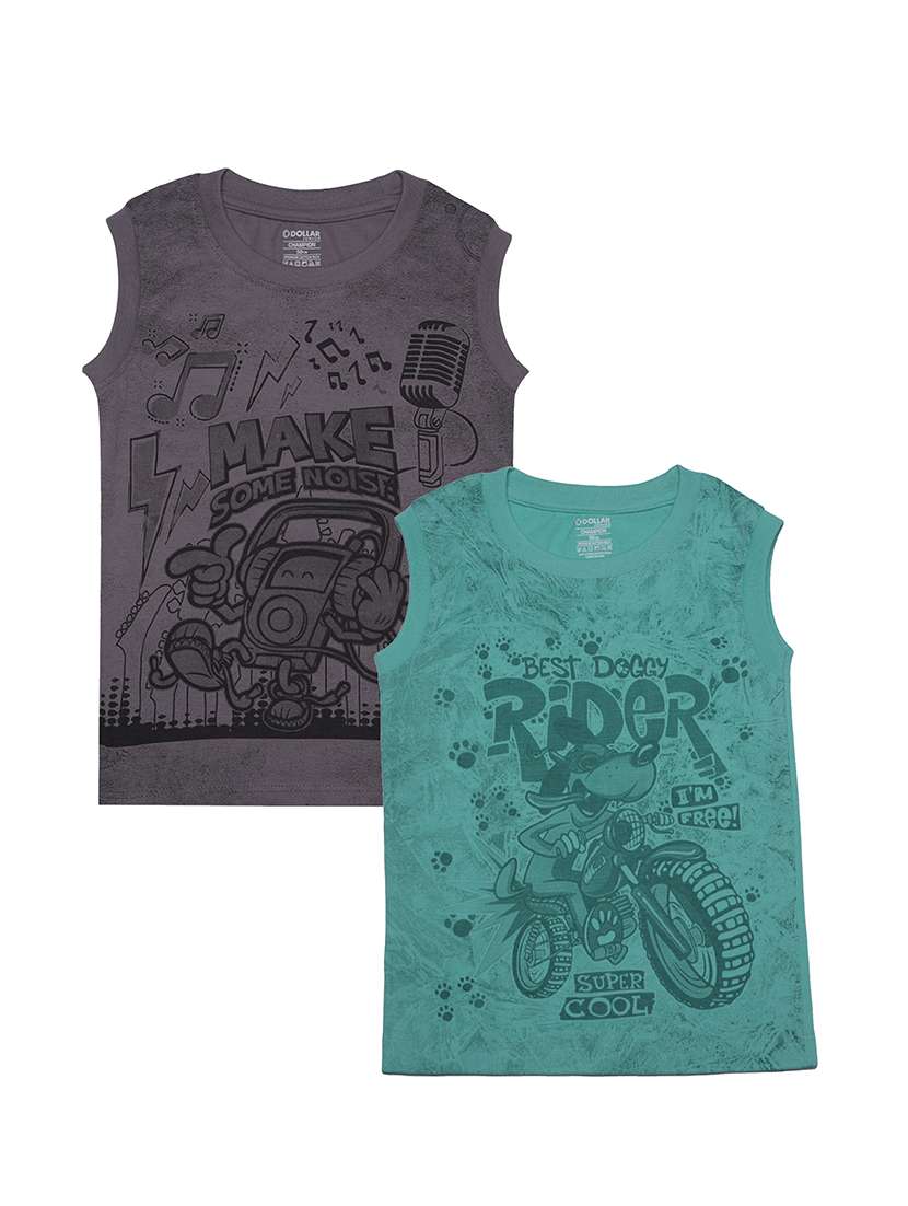 boys pack of 2 graphic printed round neck sleeveless t-shirt