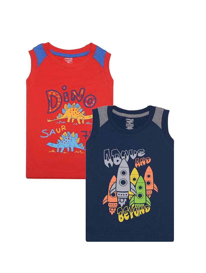 boys pack of 2 printed round neck sleeveless t-shirt
