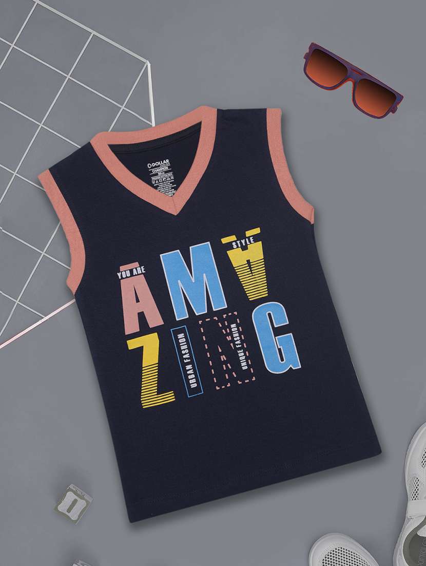 boy printed v neck sleeveless t-shirt