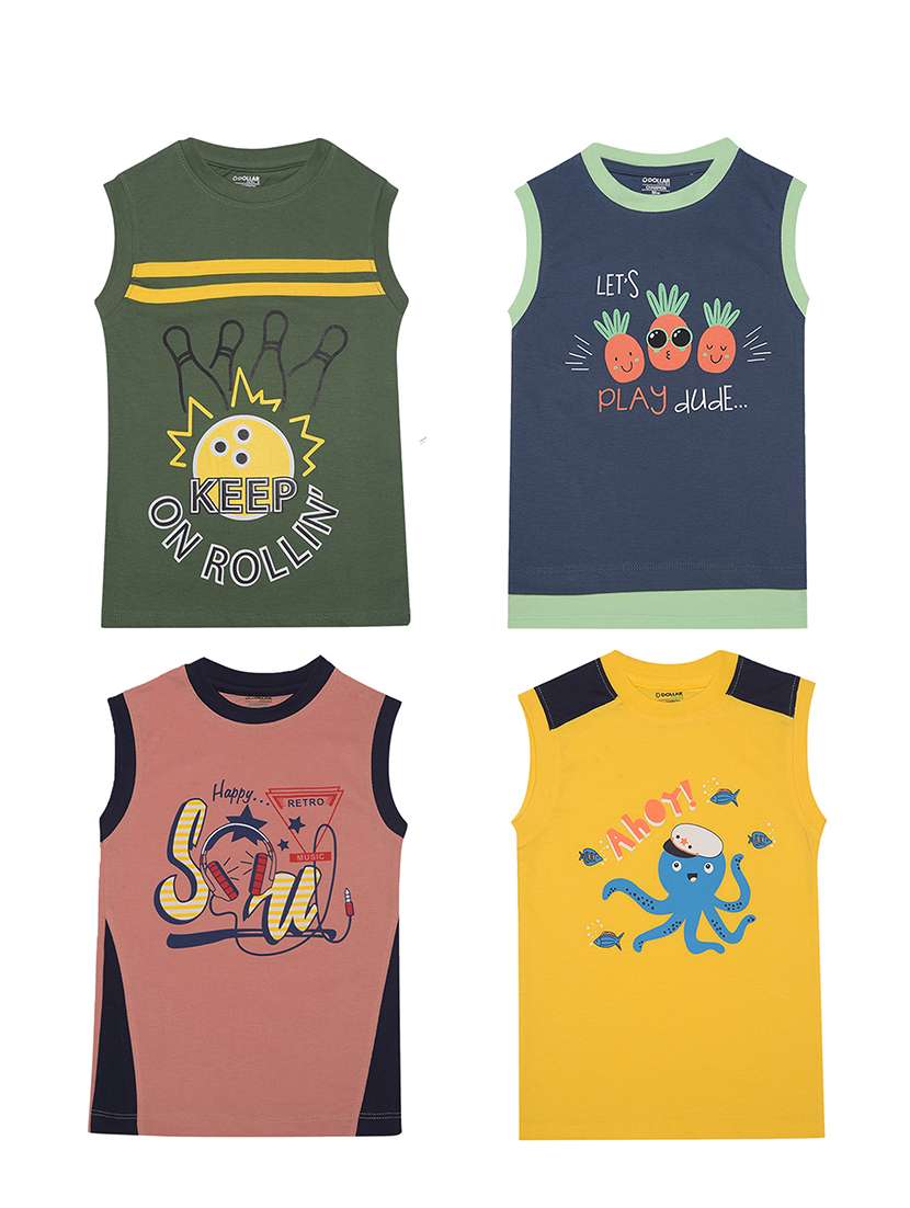 boy pack of 4 printed sleeveless t-shirt