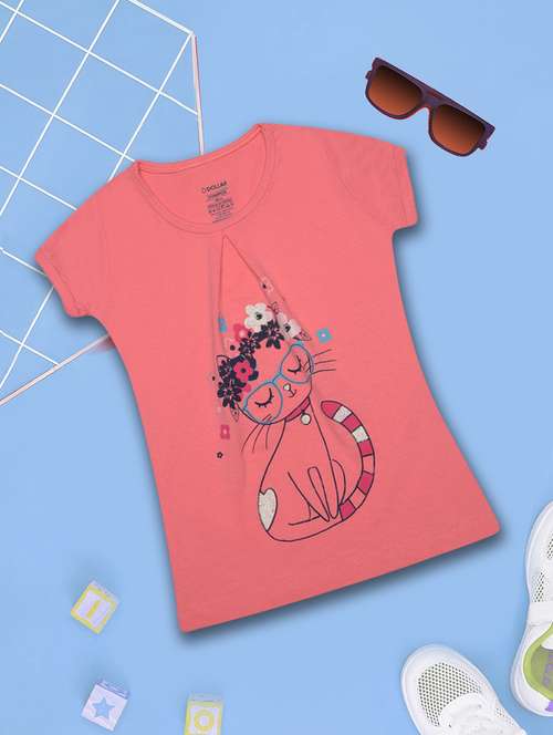 girls front print round neck t-shirt - 21577968 - Standard Image - 0
