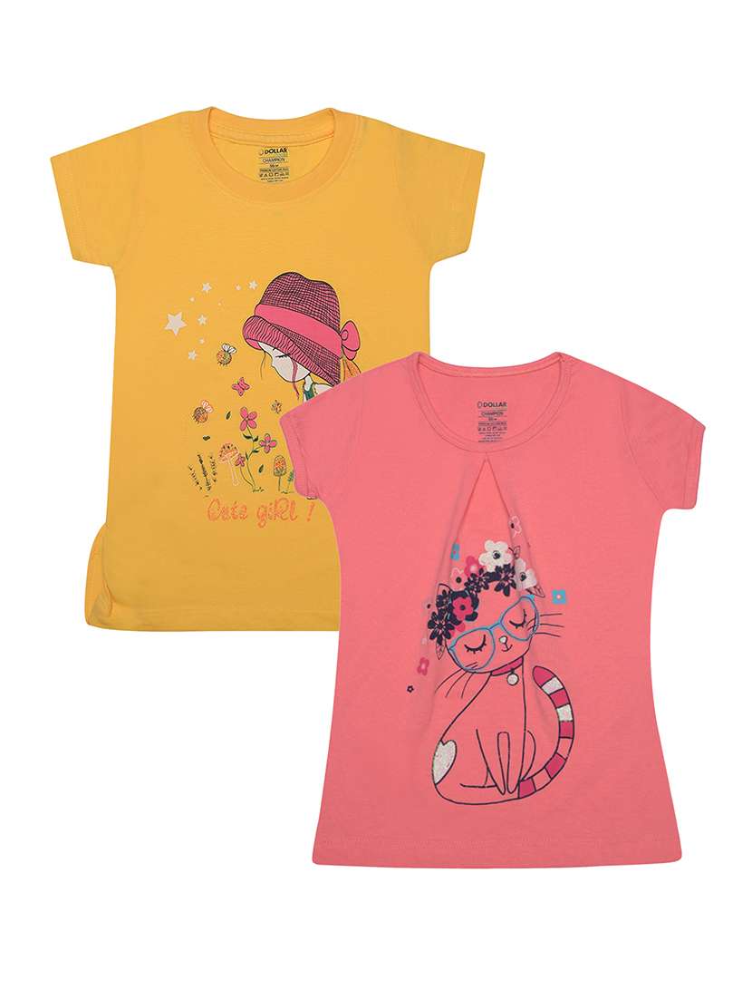 girls pack of 2 front print round neck t-shirt