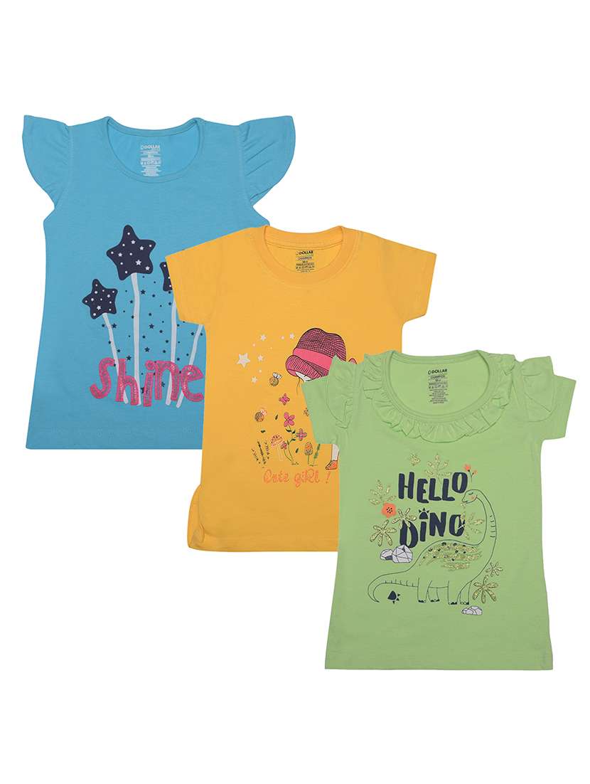 girls pack of 3 front print round neck t-shirt