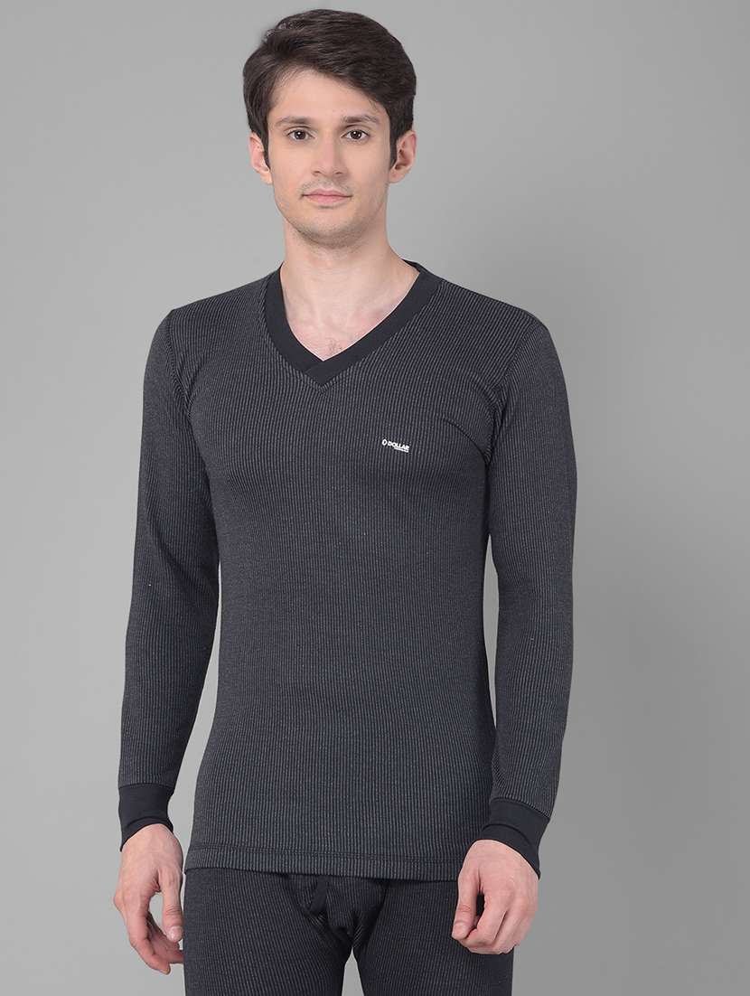 men solid v neck full sleeve thermal top