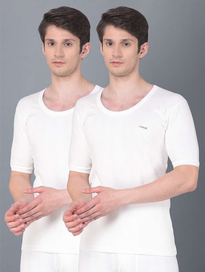 men pack of 2 solid scoop neck half sleeve thermal top
