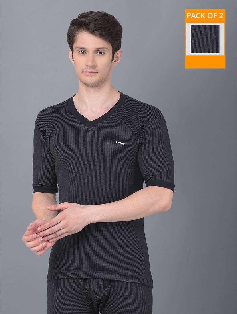 men pack of 2 solid v neck half sleeve thermal top