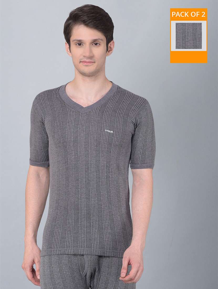 men pack of 2 solid v neck half sleeve thermal top