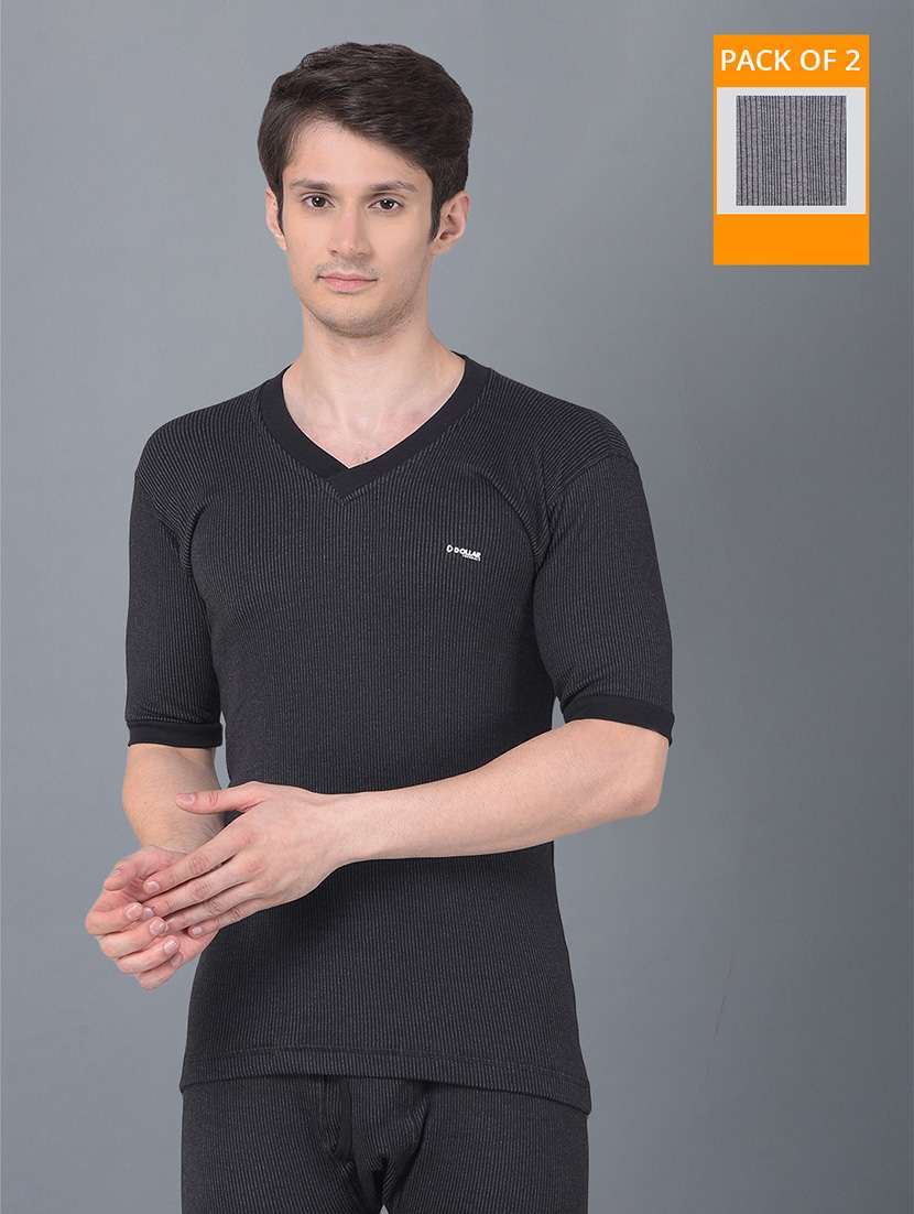 men pack of 2 solid v neck half sleeve thermal top