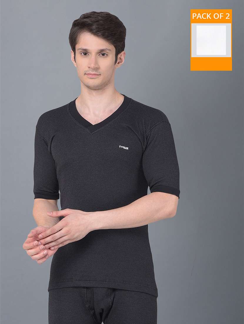 men pack of 2 solid v neck half sleeve thermal top