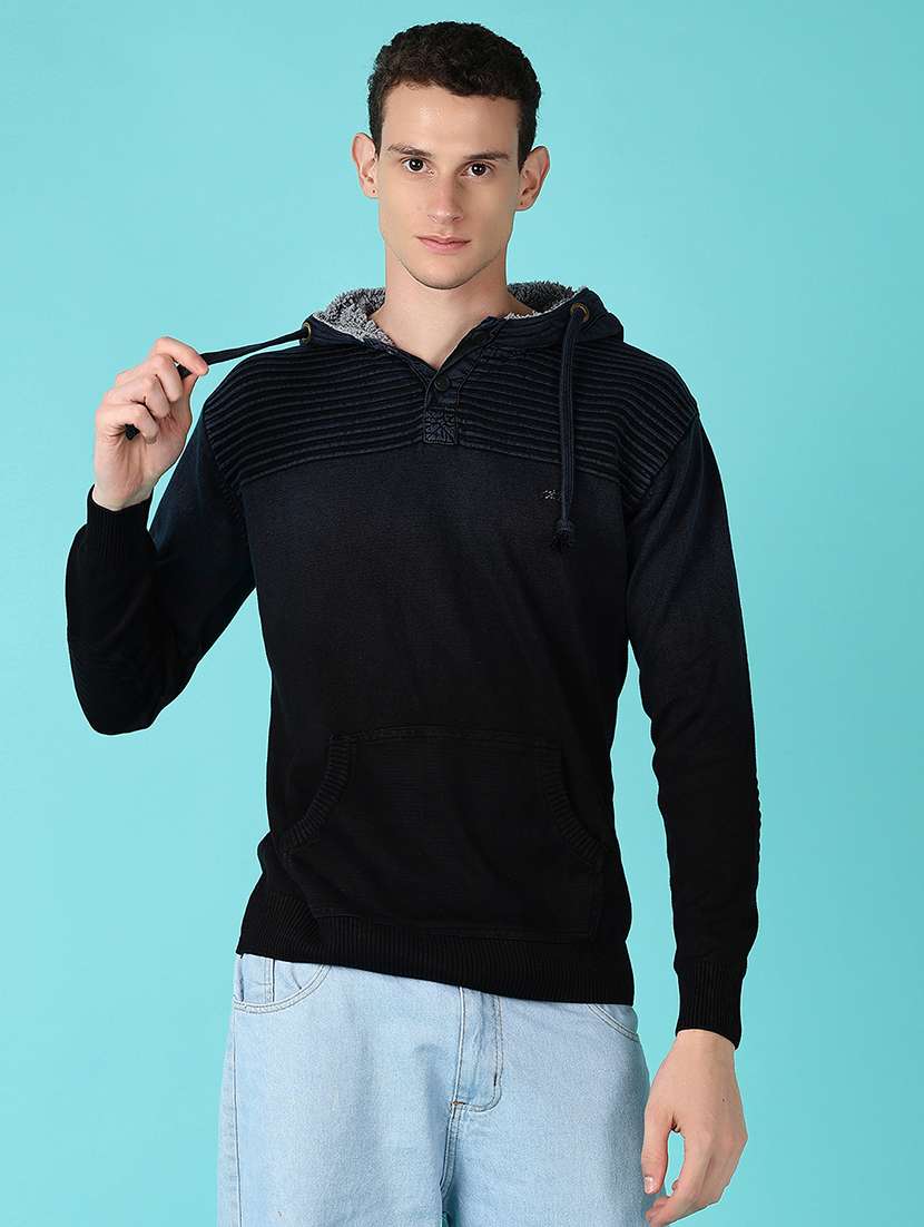men blue solid hooded neck sweatshirt