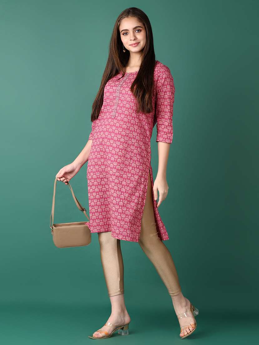 women printed three quarter sleeve straight kurta - 21578582 -  Standard Image - 3