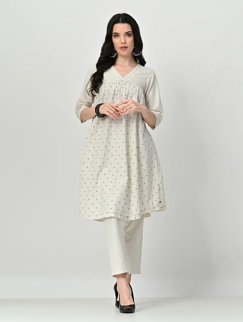 women cream self design kurta pant set - 21578647 - Standard Image - 0
